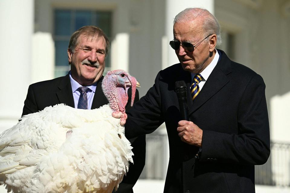 US President Joe Biden pardons the 2022 National Thanksgiving Turkey Chocolate as National Turkey Federation Chairman Ronald Parker looks on during an event on the South Lawn of the White House on November 21, 2022.