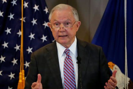 U.S. Attorney General Jeff Sessions delivers remarks on the U.S. system for asylum-seekers at the Executive Office for Immigration Review in Falls Church, Virginia, U.S. October 12, 2017.  REUTERS/Jonathan Ernst