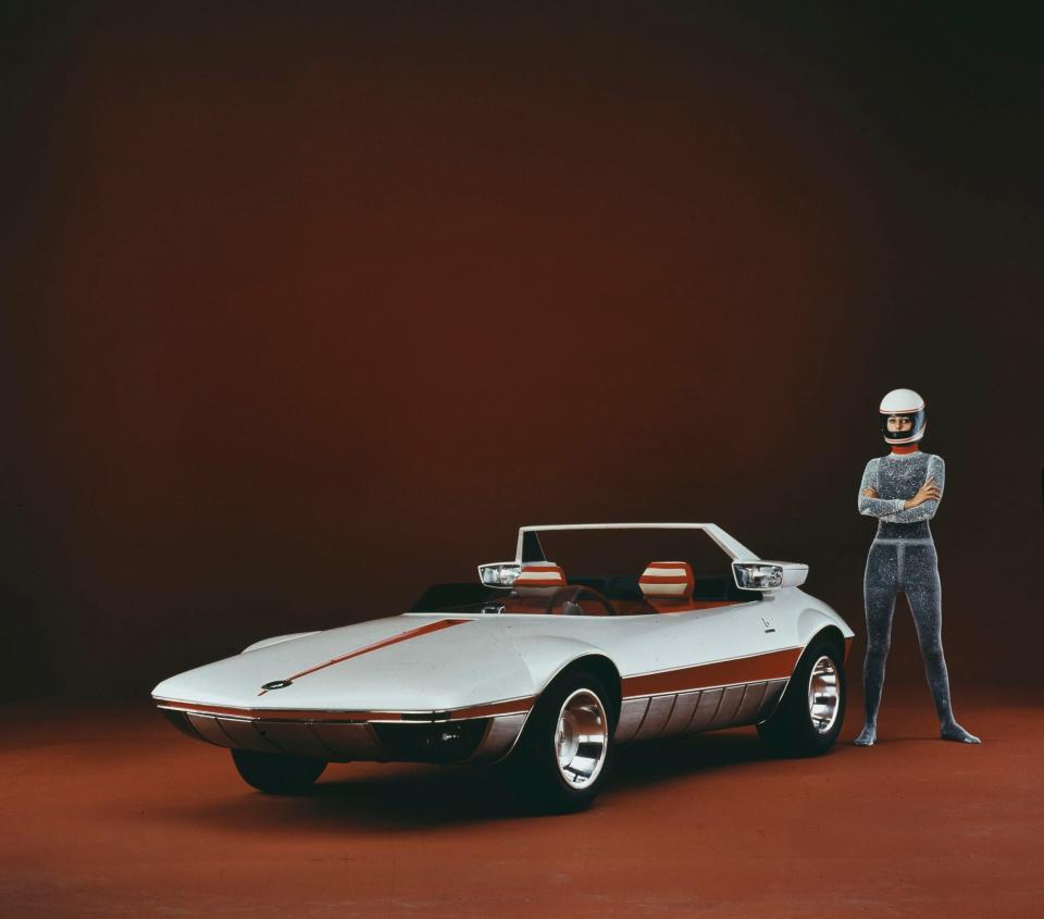 The Autobianchi Runabout concept car, a prototype designed by Gandini while at Bertone, which became the basis for the Fiat X1/9, unveiled at the Turin Motor Show in 1969