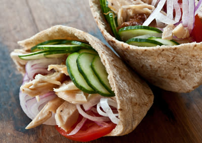 <div class="caption-credit"> Photo by: Photo by Sarah Flotard</div><b>Pita Sandwich with Cucumbers, Tomatoes, and Garlic Tahini Sauce</b> <br> <br> Purée equal parts tahini (sesame seed paste) and warm water with a garlic clove in a blender until mixture is thick and smooth. Season sauce to taste with lemon juice and kosher salt. Toss cubes of chicken in a bowl with a bit of sauce and place in warm pita bread with slices of salted cucumber, tomato, and very thinly sliced red onion. Drizzle with more tahini sauce.