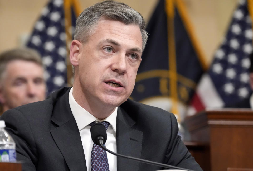 FILE - Rep. Jim Banks, R-Ind., questions witnesses during a hearing of a special House committee dedicated to countering China, on Capitol Hill, Feb. 28, 2023, in Washington. (AP Photo/Alex Brandon, file)
