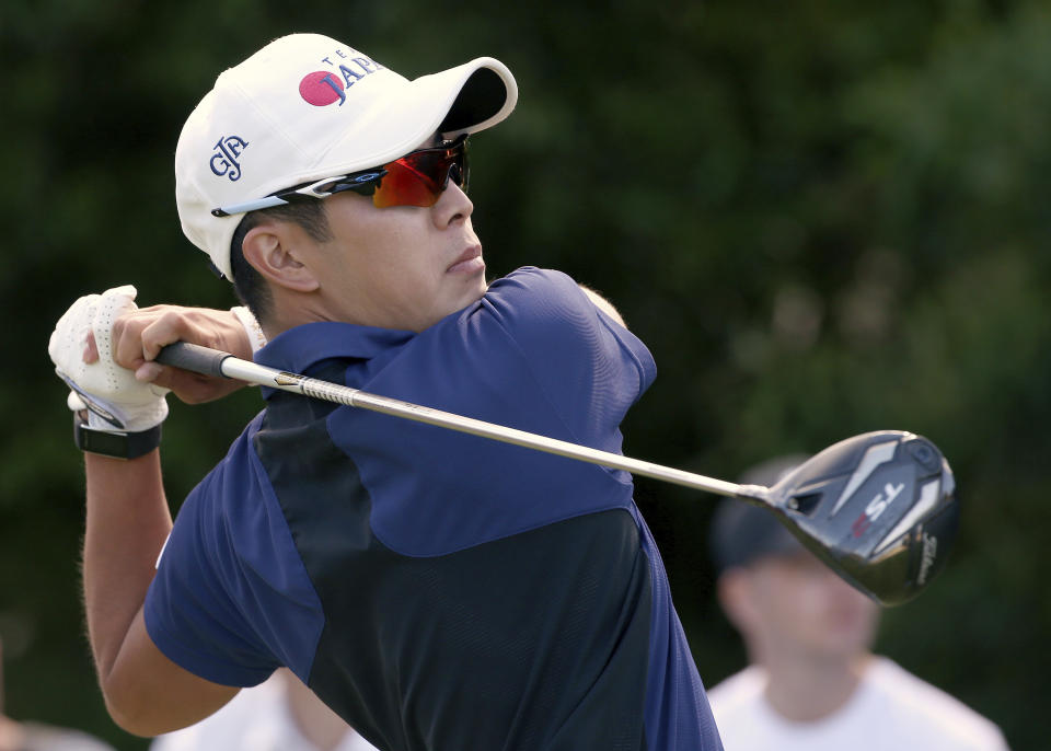 Japan's Keita Nakajima hits off from the 12th tee during the final round of the Australian Open Golf tournament in Sydney, Sunday, Nov. 18, 2018. (AP Photo/Rick Rycroft)