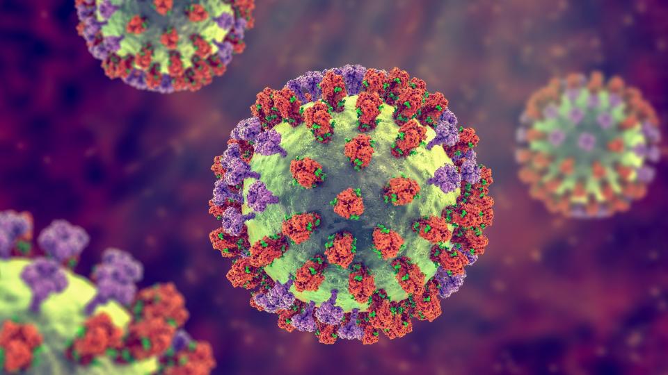 Medical illustration of four particles of the influenza virus showing their surface proteins in red and purple against a blurred background