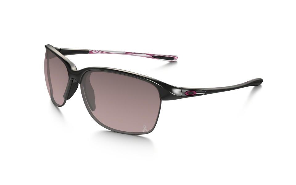 <p>This semi-rimless rectangular style looks great on round and oval-shaped faces giving them a more elongated appearance. The pink lenses in combination with the polished black frames look super cute and modern. But the best thing about this pair of Oakley sunglasses is that part of the proceeds help the Young Survival Coation charity, a non-profit helping young women facing the challenges of breast cancer.</p> <p><strong>To buy:</strong> <a rel="nofollow noopener" href="http://www.oakley.com/en/womens/sunglasses/active-sunglasses/unstoppable-ysc-breast-cancer-awareness/product/W0OO9191YSC" target="_blank" data-ylk="slk:$150;elm:context_link;itc:0;sec:content-canvas" class="link ">$150</a></p>