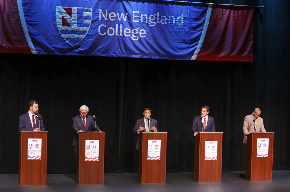 FILE - New Hampshire Republican U.S. Senate candidates from left Bruce Fenton, Chuck Morse, Vikram Mansharamani, Kevin Smith, and Don Bolduc participate in a debate, Wednesday, Sept. 7, 2022, in Henniker, N.H. New Hampshire will hold its primary on Tuesday, Sept. 13. (AP Photo/Mary Schwalm, File)