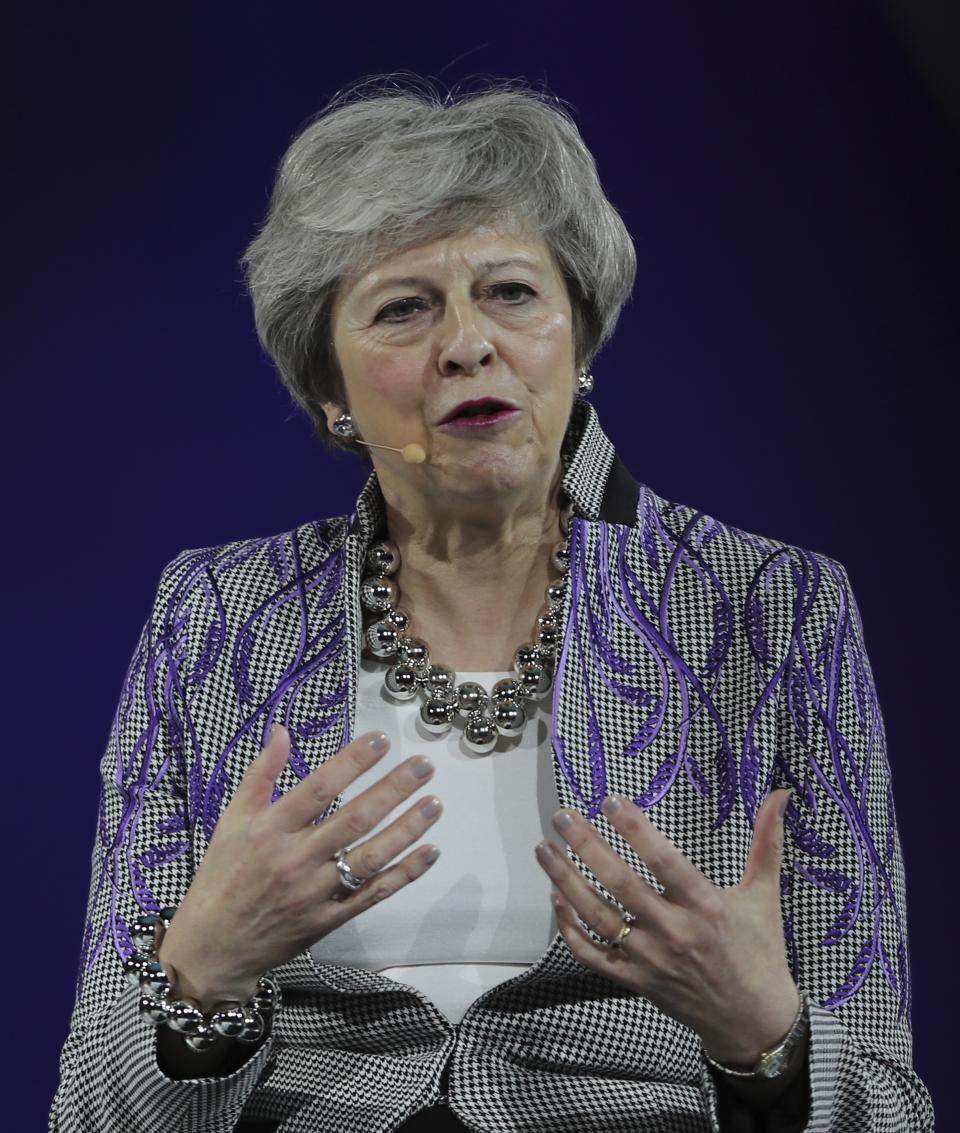 Former British Prime Minister Theresa May speaks at the Global Women's Forum in Dubai, United Arab Emirates, Monday, Feb. 17, 2020. (AP Photo/Kamran Jebreili)