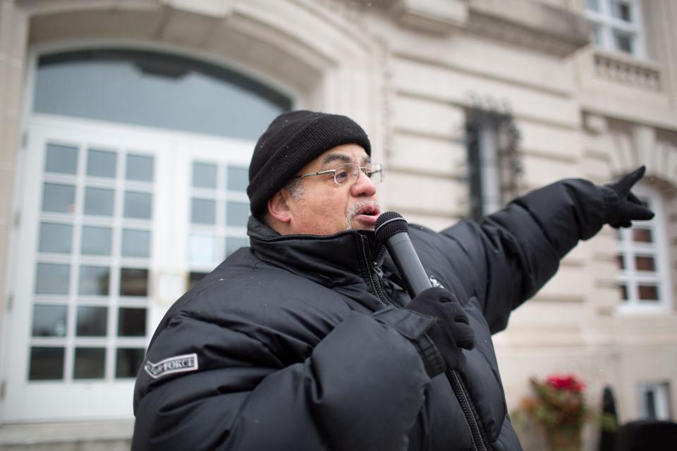 Maury County NAACP President Paco Havard speaks from the steps of the Columba courthouse during a memorial service for Martin Luther King, Jr., on Monday, Jan. 20, 2020.