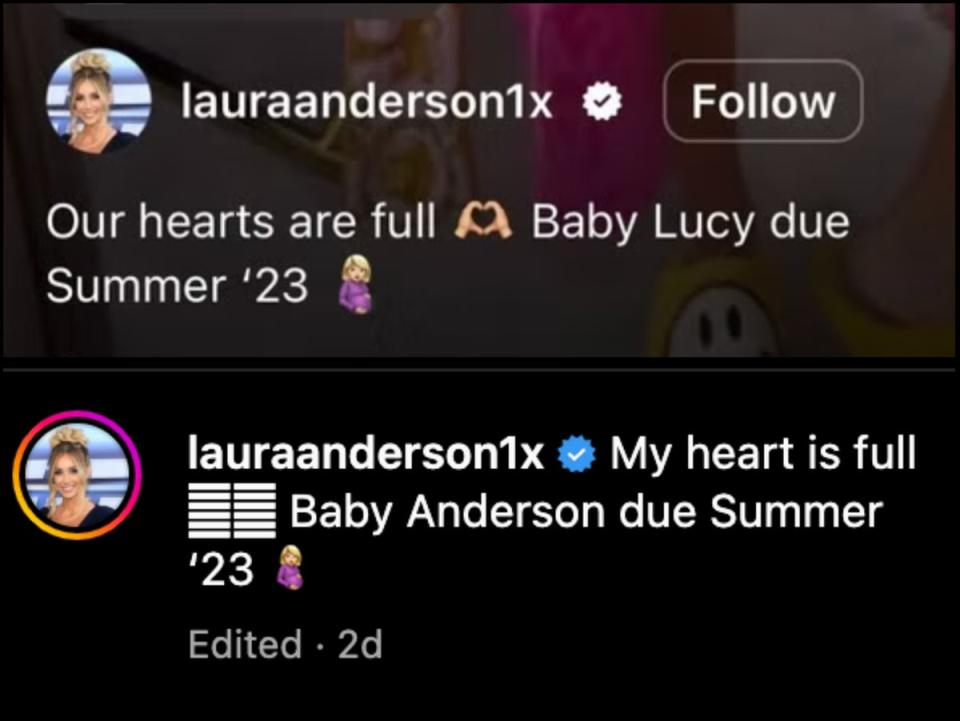 Laura Anderson removed Gary Lucy’s name from pregnancy announcement (Instagram)