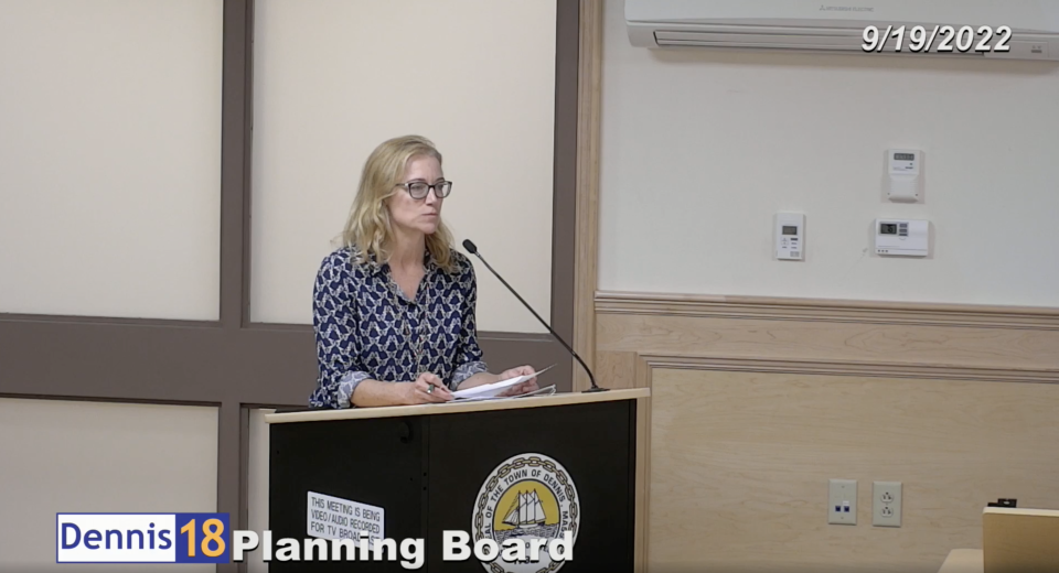 Carlyn Carey, a member of the Zoning Bylaw Study Committee, addresses the Planning Board at a Sep. 19 meeting on the proposed bylaw changes.