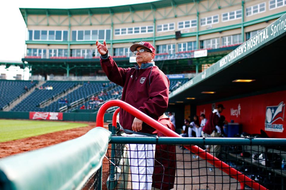 Missouri State head coach Keith Guttin gives instructions to his charges during the Bears’ 2015 home opener game against the University of Arkansas at Little Rock played Tuesday at Hammons Field in Springfield,. The Bears beat the Trojans 10-3, earning Guttin his 1,100th career victory.