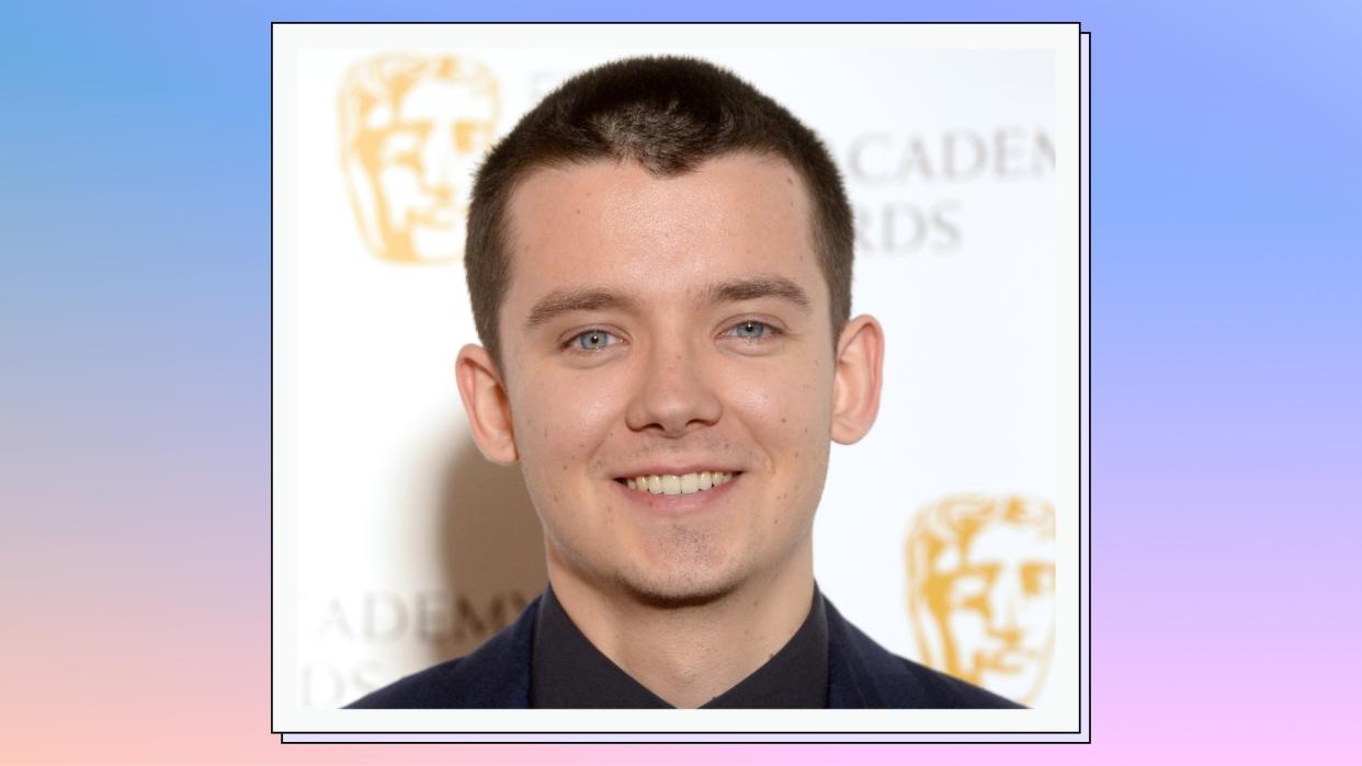  Asa Butterfield during the BAFTA Film Awards Nominations Announcement 2020 photocall at BAFTA on January 07, 2020 in London, England/ in a blue, purple and pink gradient template. 