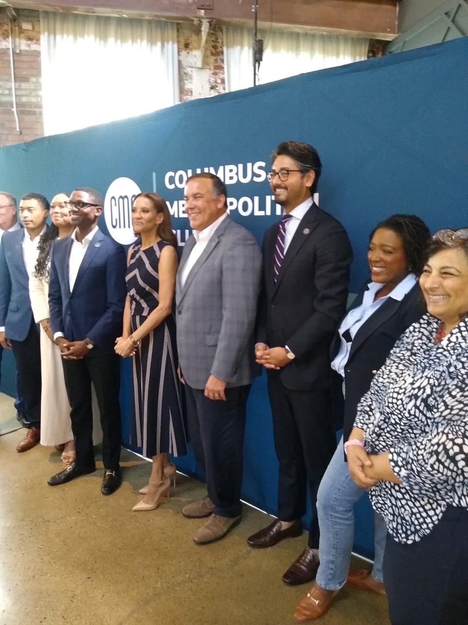 Columbus Mayor Andrew Ginther, Cleveland Mayor Justin Bibb (two left from Ginther) and Cincinnati Mayor Aftab Pureval (right of Ginther) spoke at the Columbus Metropolitan Club on problems facing big cities.