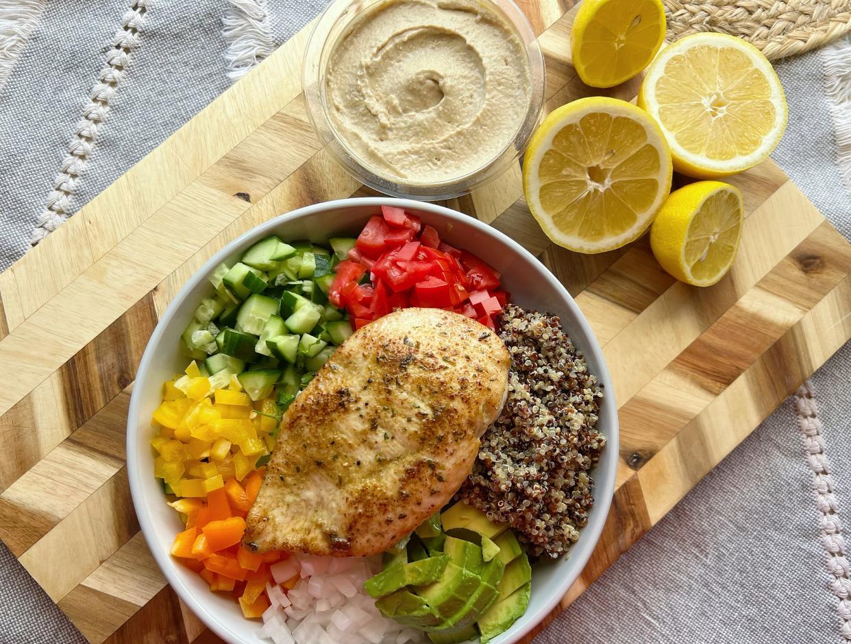 Lemony hummus dressing tops this chicken avocado salad, created by TikToker Shantelle Amigable, who posts as @ChipsInASandwich. (Photo: Shantelle Amigable)