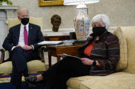 FILE - In this Jan. 29, 2021, file photo President Joe Biden meets with Treasury Secretary Janet Yellen in the Oval Office of the White House in Washington. (AP Photo/Evan Vucci, File)