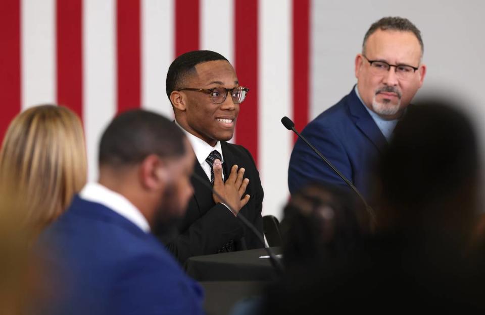 Malachi Thompson, a West Charlotte High School student, speaks during a roundtable event with Vice President Kamala Harris at Eastway Middle School on Thursday in Charlotte. Vice President Harris highlights the Biden-Harris Administration latest actions to reduce gun violence. Thompson has spoken publicly about gun violence, said the mental health impacts are top-of-mind for him after his cousin was shot and killed in December.