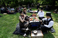 <p>Revellers attend the Victorian Picnic during the Wave and Goth festival in Leipzig, Germany, June 2, 2017. (David W Cerny/Reuters) </p>