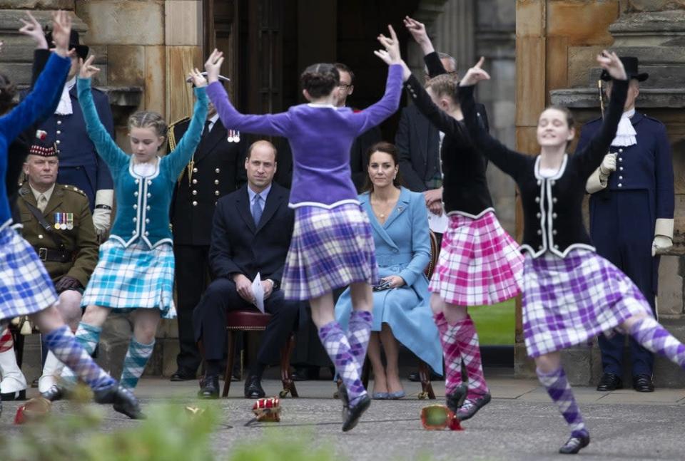 The Duke and Duchess of Cambridge watch Highland dancers perform at the Beating of the Retreat at the Palace of Holyroodhouse in Edinburgh (Jane Barlow/PA) (PA Archive)