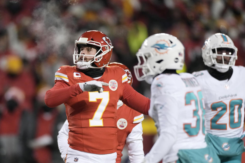 Kansas City Chiefs place kicker Harrison Butker (7) watches his field goal during the first half of an NFL wild-card playoff football game against the Miami Dolphins Saturday, Jan. 13, 2024, in Kansas City, Mo. (AP Photo/Charlie Riedel)