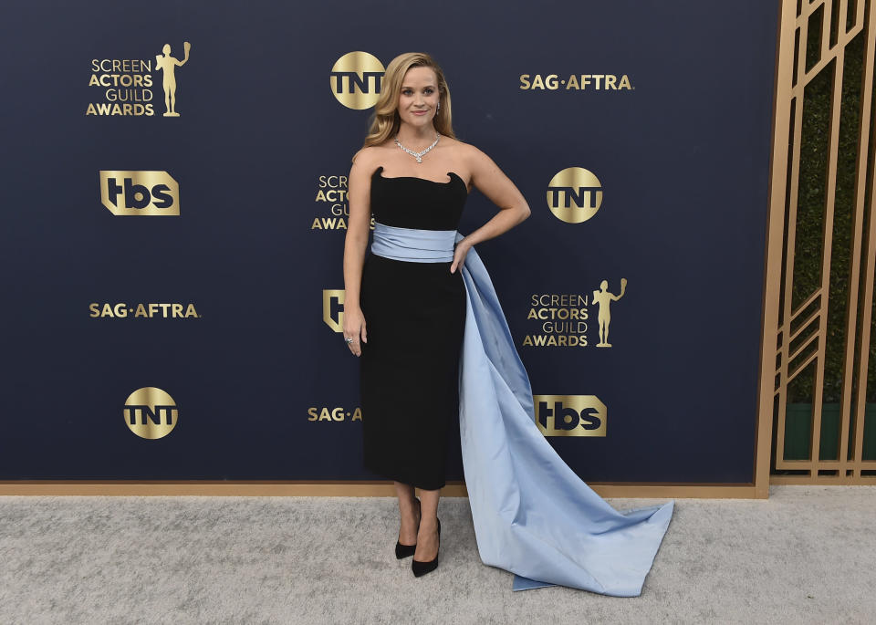 Reese Witherspoon arrives at the 28th annual Screen Actors Guild Awards at the Barker Hangar on Sunday, Feb. 27, 2022, in Santa Monica, Calif. (Photo by Jordan Strauss/Invision/AP)