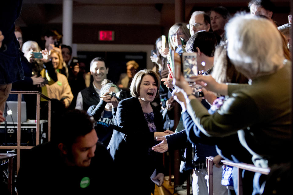 Democratic presidential candidate Sen. Amy Klobuchar, D-Minn., arrives at a rally at the State Theatre, Friday, Feb. 28, 2020, in Falls Church, Va. (AP Photo/Andrew Harnik)