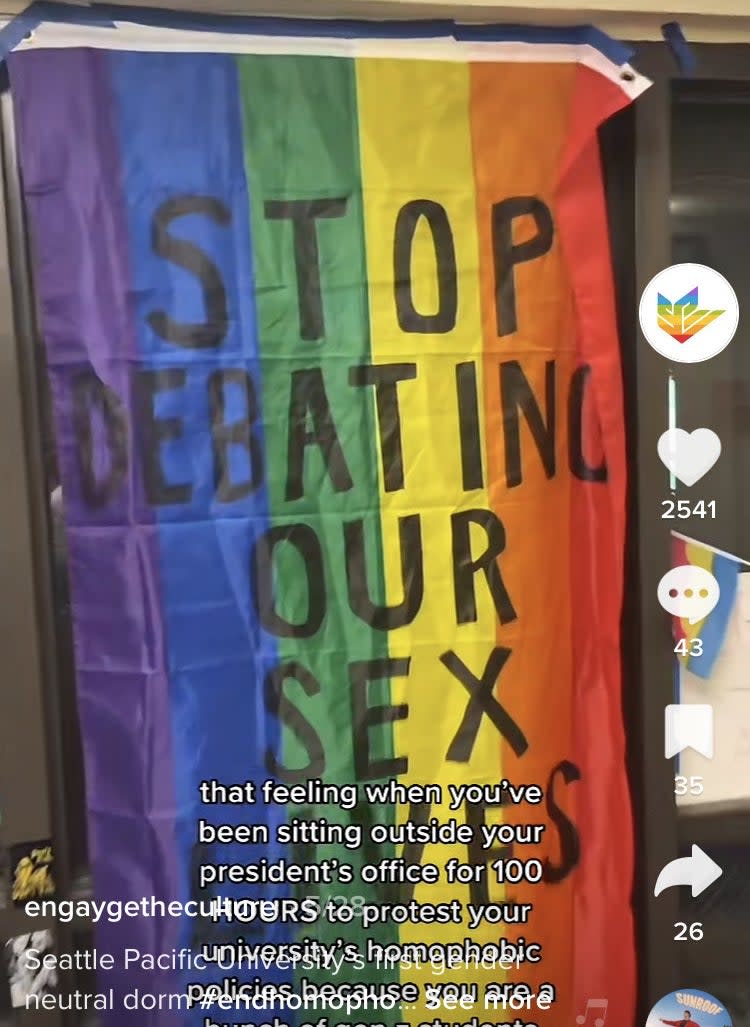 A rainbow flag with the words "stop debating our sex lives" written on it