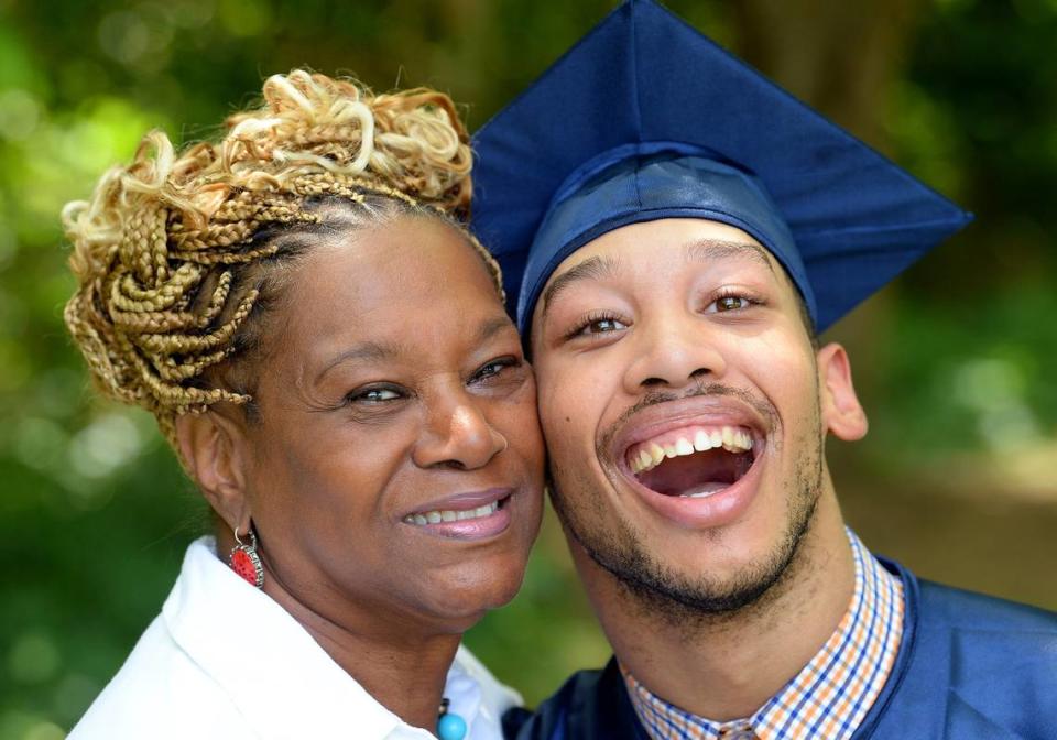 Saundra Adams (left) and her grandson Chancellor Lee Adams, who graduated from high school earlier this year. Chancellor Lee is the son of former Carolina Panthers wide receiver Rae Carruth. His mother is Cherica Adams, who was killed in a murder-for-hire plot that Carruth was convicted of orchestrating.
