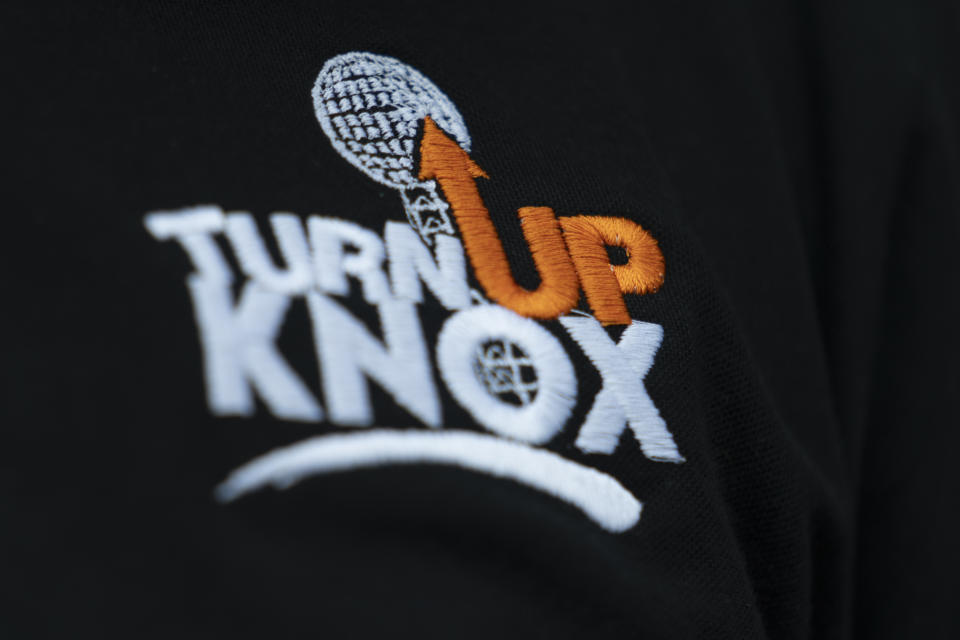 The logo for Turn Up Knox is seen Thursday, Aug. 3, 2023 in Knoxville, Tenn. The violence interruption program is the centerpiece of Knoxville's attempt to follow a science-based playbook to fight a surge in fatal and non-fatal shootings on the city's impoverished east side. (AP Photo/George Walker IV)