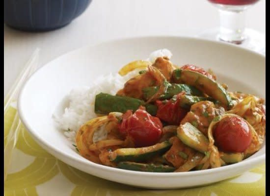 <strong>Get the <a href="http://www.huffingtonpost.com/2011/10/27/thai-chicken-zucchini-an_n_1058742.html" target="_hplink">Thai Chicken, Zucchini and Tomato Curry recipe</a></strong>