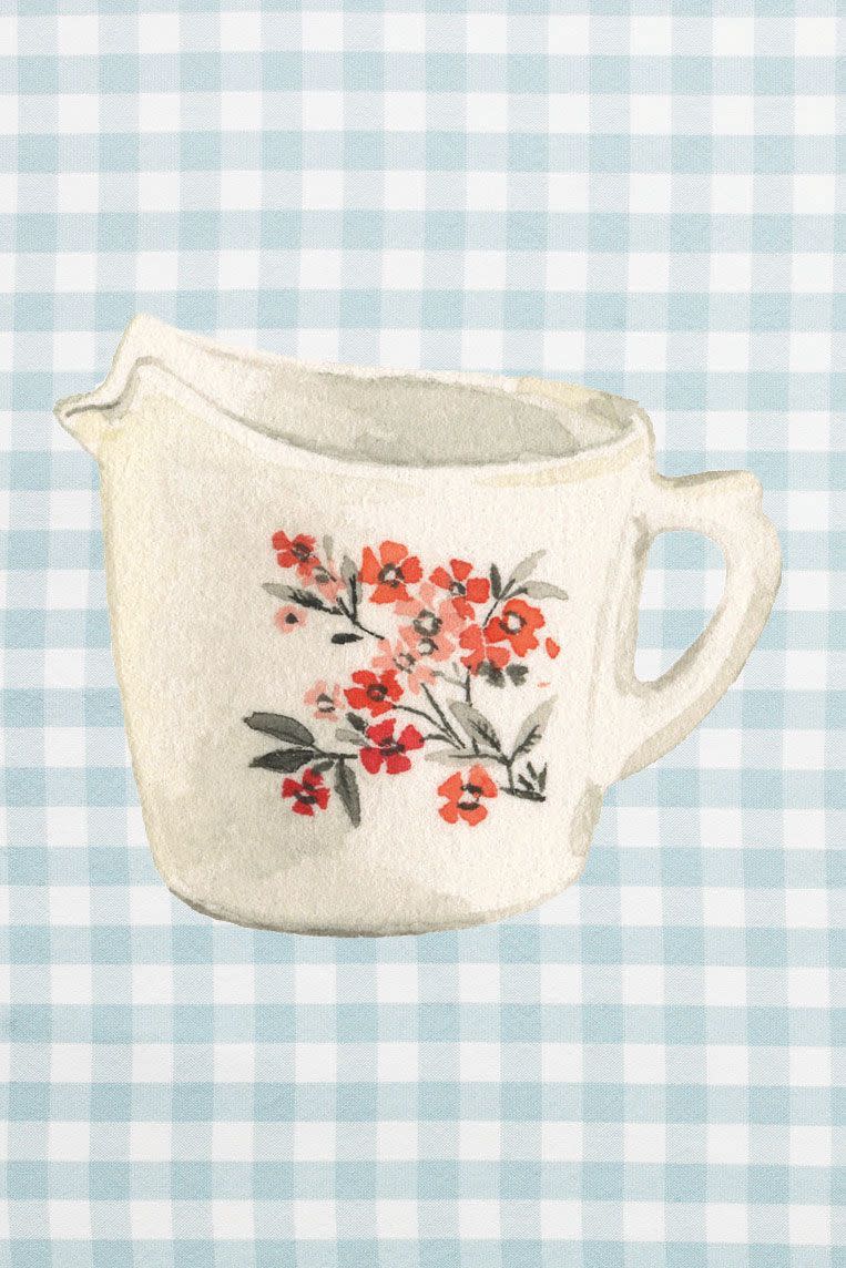 anchor hocking fire king creamer in primrose, white with red floral decal