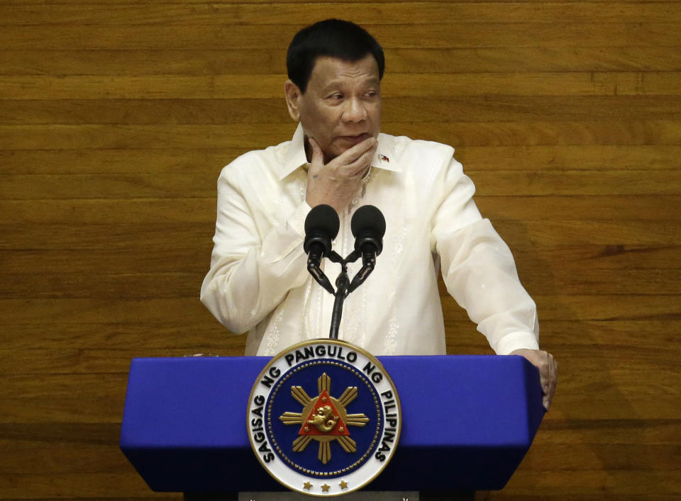 File Photo: Philippine President Rodrigo Duterte pauses during his third State of the Nation Address at the House of Representatives in Quezon City, Manila, Philippines, July 23, 2018. (AP Photo/Aaron Favila)