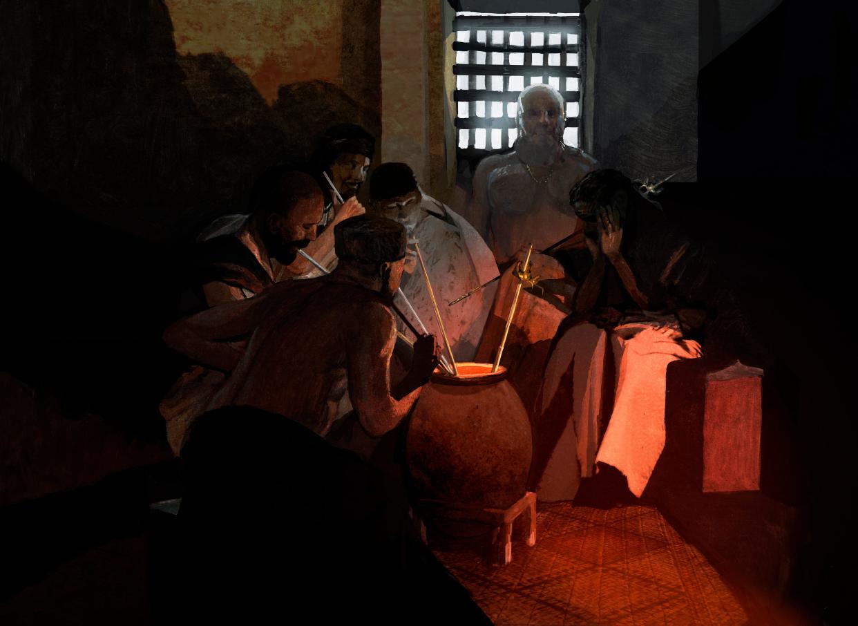 illustration dark room six people sit around a large jug drinking with long straws