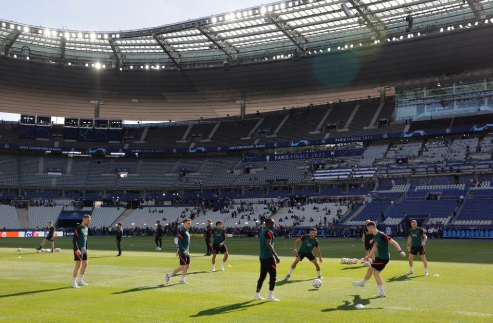 Liverpool players take part in a training session the day before the Champions League final.