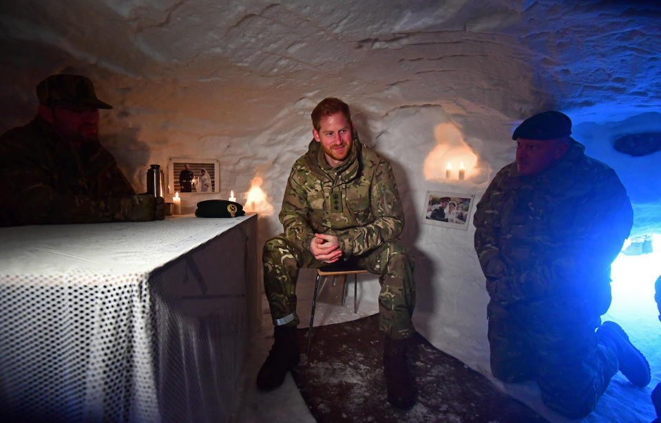 Harry in Bardufoss, Norway, for a celebration of the 50th anniversary of the Commando Helicopter Force and Joint Helicopter Command. Exercise Clockwork is the traditional name for the annual winter exercise, based in one of the world's most demanding environments, 200 miles inside the Arctic Circle in north Norway.&nbsp; (Photo: Pool via Getty Images)