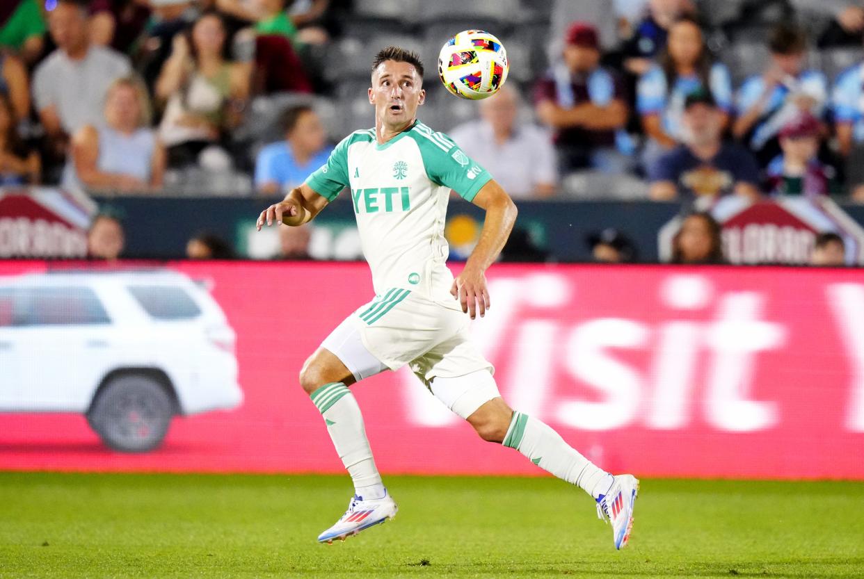 Austin FC midfielder Ethan Finlay watches the ball against the Colorado Rapids during their match at Dick's Sporting Goods Park in Commerce City, Colo., on Saturday. The Verde & Black can gauge how good they really are against LAFC on Wednesday.