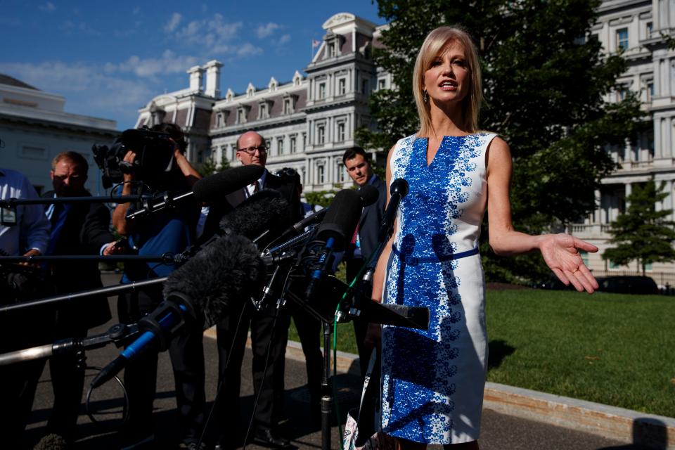 White House counselor Kellyanne Conway talks to reporters outside the White House,  June 24, 2019, in Washington.