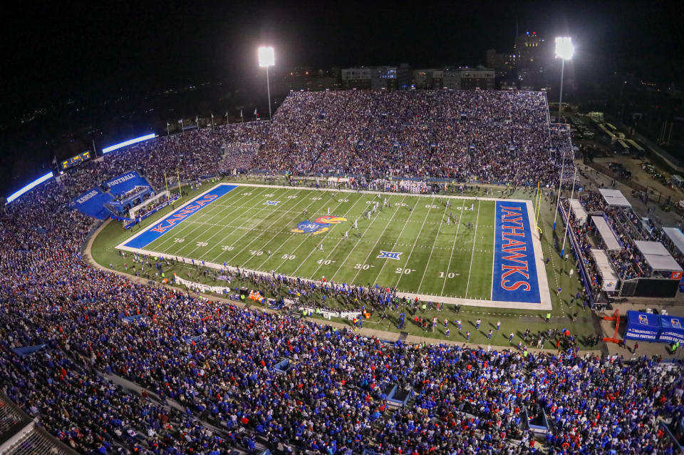 LAWRENCE, KS - NOVEMBER 18: A high view of a packed Memorial Stadium during a Big 12 football game between the Kansas State Wildcats and Kansas Jayhawks on Nov 18, 2023 in Lawrence, KS. (Photo by Scott Winters/Icon Sportswire via Getty Images)