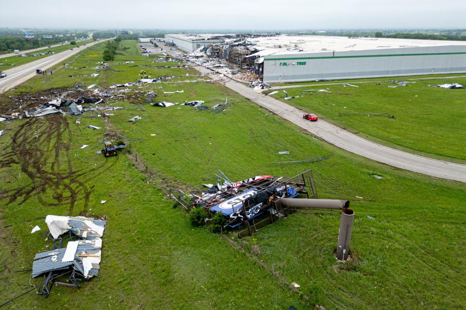 A Dollar Tree warehouse is pictured Monday after an EF4 tornado ripped through Marietta on Saturday night. The storm caused major damage along Interstate 35.