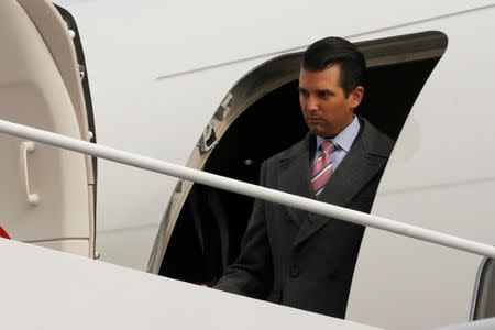 Donald Trump Jr. arrives ahead of the inauguration with his father aboard a U.S. Air Force jet at Joint Base Andrews, Maryland, U.S. January 19, 2017. REUTERS/Jonathan Ernst