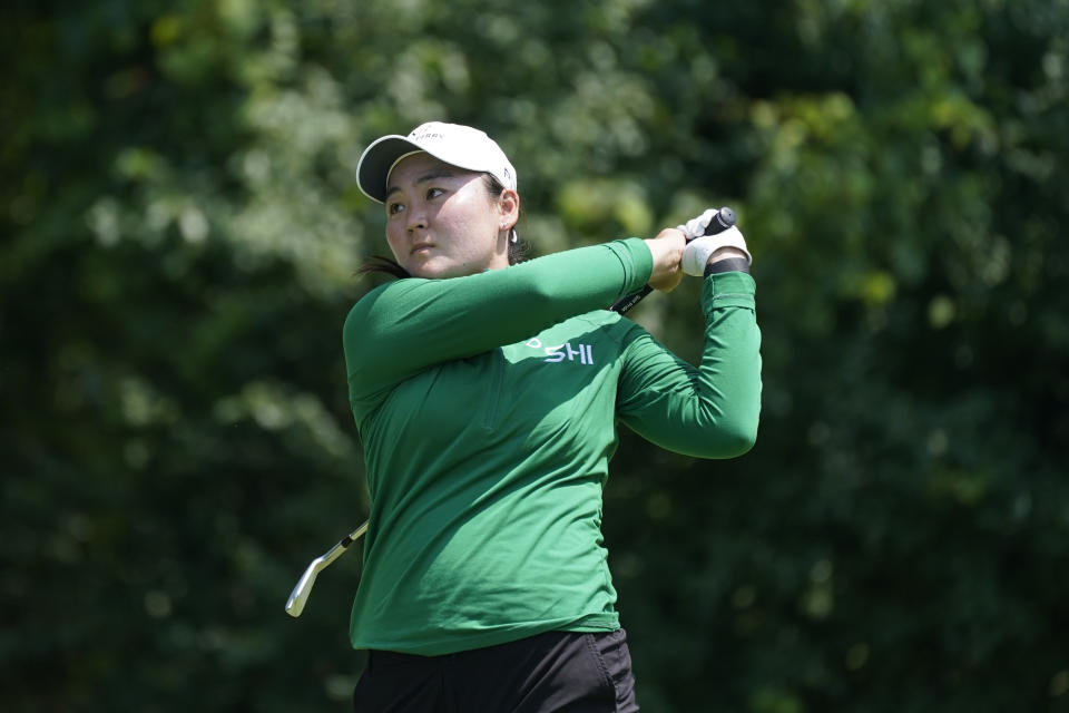 Allisen Corpuz drives off the eighth tee during the second round of the Dana Open golf tournament at Highland Meadows Golf Club, Friday, July 14, 2023, in Sylvania, Ohio. (AP Photo/Carlos Osorio)