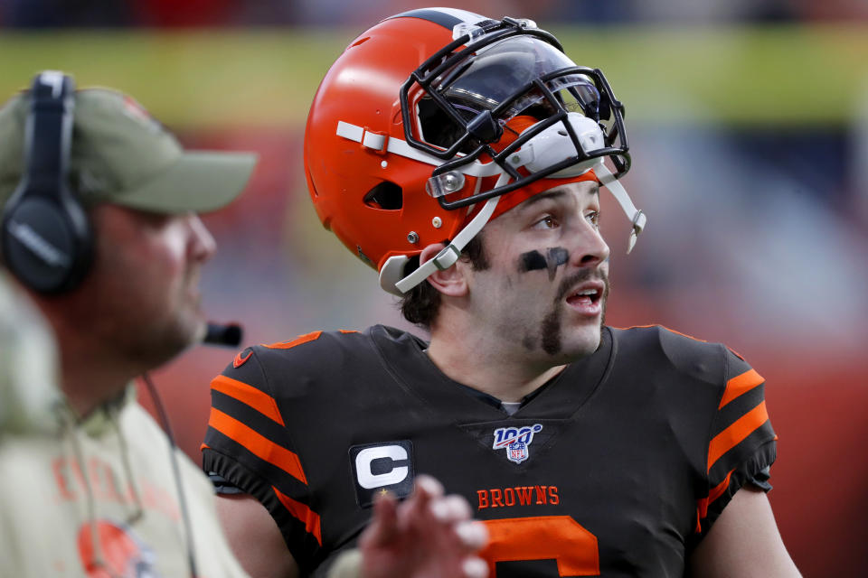 Cleveland Browns quarterback Baker Mayfield (6) looks at the scoreboard during a coaches challenge during the second half of NFL football game against the Denver Broncos, Sunday, Nov. 3, 2019, in Denver. (AP Photo/David Zalubowski)