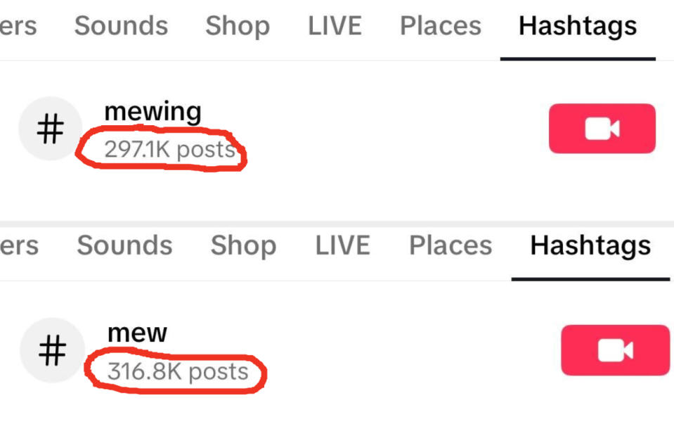 Two screenshots of social media hashtags, "mewing" with 297.1K posts and "mew" with 316.8K posts, indicating popularity