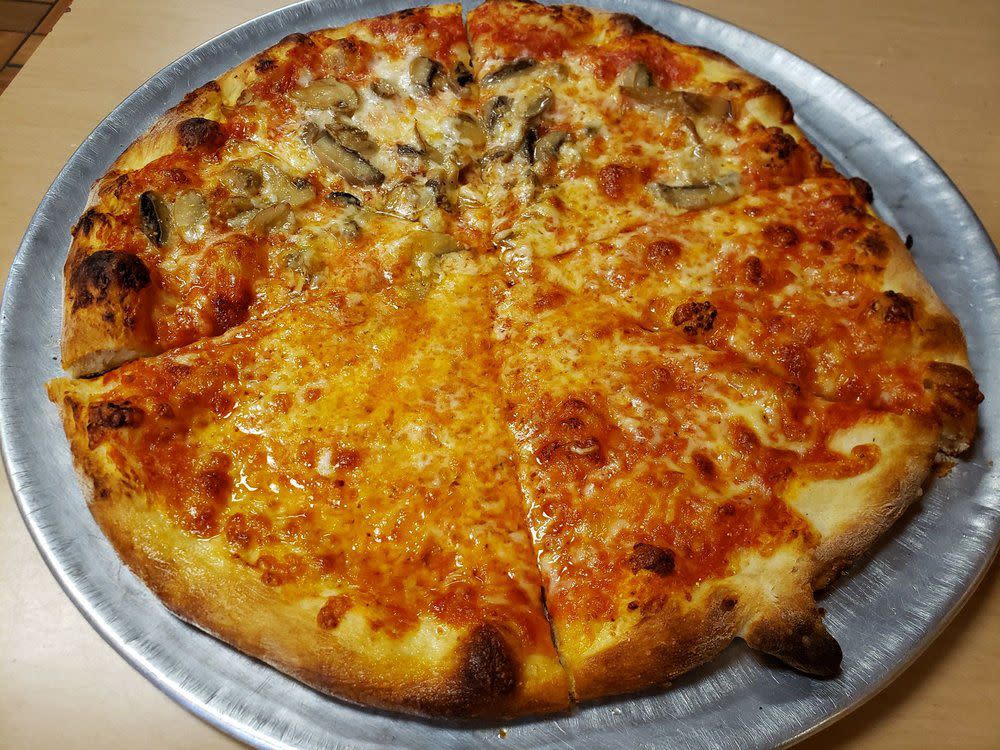 mozzarella, roasted, artichoke, and meatball pizza at Zuppardi's Apizza in New Haven, Connecticut
