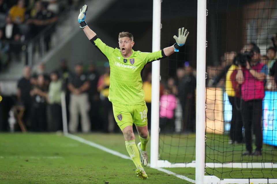 Real Salt Lake goalkeeper Zac MacMath watches the ction during the second half of an MLS soccer match against Los Angeles FC, Sunday, Oct. 1, 2023, in Los Angeles. (AP Photo/Jae C. Hong)