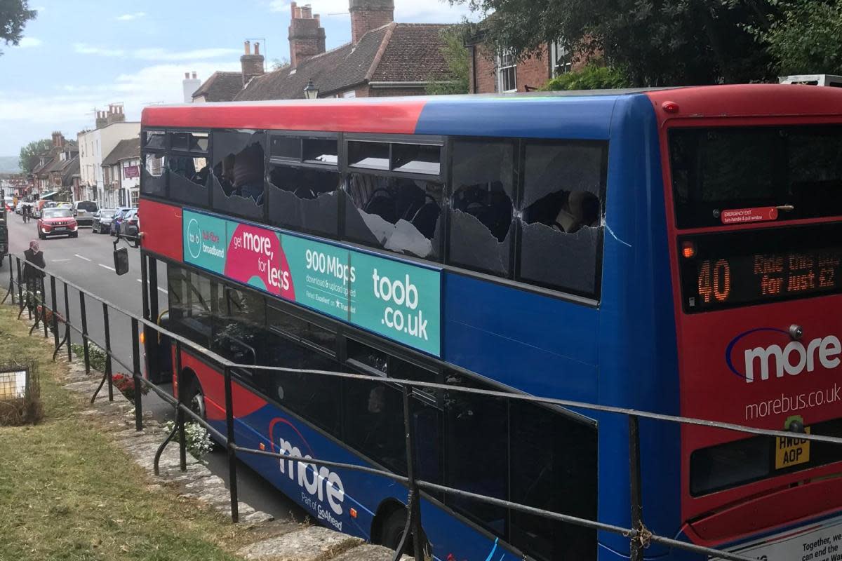The number 40 Morebus bus was travelling through North Street in Wareham when it struck scaffolding. <i>(Image: Andrew Penney)</i>