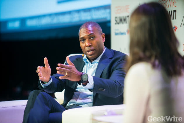 Uber Chief Legal Officer Tony West at the 2018 GeekWire Summit. (GeekWire Photo / Dan DeLong) <a href="https://www.geekwire.com/2018/uber-legal-chief-ride-hailing-giant-deserves-second-chance/" rel="nofollow noopener" target="_blank" data-ylk="slk:Read the story.;elm:context_link;itc:0;sec:content-canvas" class="link "><strong>Read the story.</strong></a>