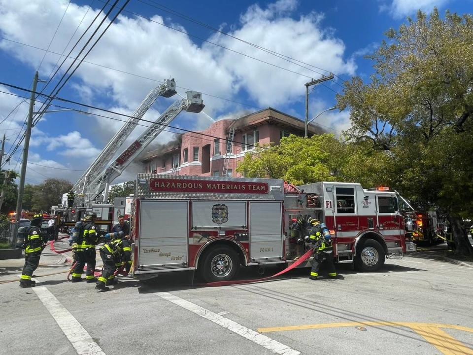 An abandoned apartment structure built in 1926 caught fire in Miami’s Little Havana on March 23, 2023.