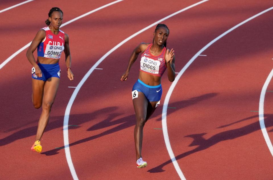 Jul 20, 2022; Eugene, Oregon, USA; Talitha Diggs (USA) runs with Roxana Gomez (CUB) in a heat of the womenâ€™s 400m during the World Athletics Championships Oregon 22 at Hayward Field. Mandatory Credit: Kirby Lee-USA TODAY Sports