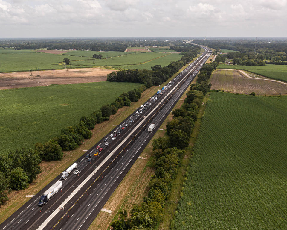 Traffic packs I-10's westbound lanes northeast of Lafayette, Louisiana as evacuation orders have been issued in cities along the gulf coast ahead of hurricane Ida on Aug. 28, 2021.