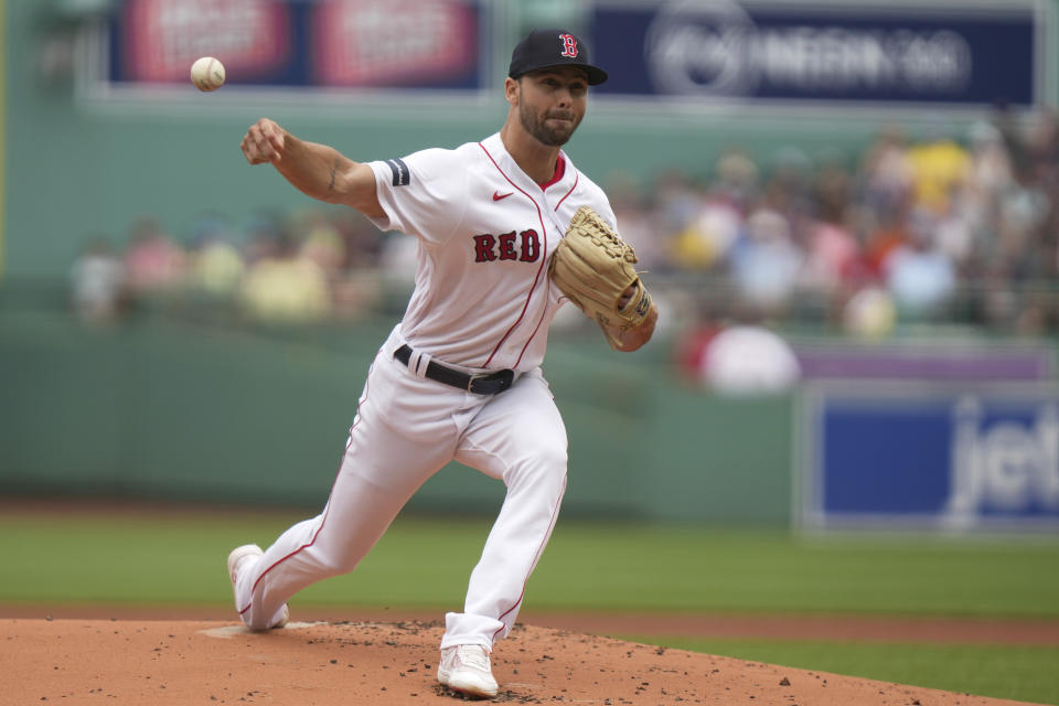 Boston Red Sox's Tayler Scott delivers a pitch to an Oakland Athletics batter in the first inning of a baseball game, Sunday, July 9, 2023, in Boston. (AP Photo/Steven Senne)