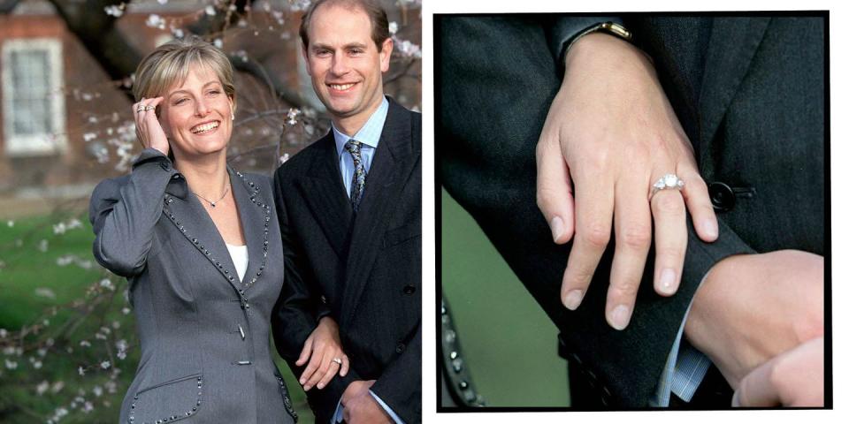 <p>Similarly to the Duchess of Sussex's engagement ring, Sophie (nee Rhys-Jones) also has a three-stone ring. However the left and right stones are pear-shaped. </p><p>'It's sparkly and diamonds are a girl's best friend so I'm told,' Prince Edward<a href="https://www.gettyimages.co.uk/detail/video/exterior-shots-pricne-edward-sophie-rhys-jones-talking-to-news-footage/110054815" rel="nofollow noopener" target="_blank" data-ylk="slk:told reporters when they announced their engagement.;elm:context_link;itc:0;sec:content-canvas" class="link "> told reporters when they announced their engagement.</a></p><p>'No, you're my best friend,' Rhys-Jones replied. Adorable.</p><p><a class="link " href="https://www.tiffany.co.uk/engagement/engagement-rings/tiffany-three-stone-engagement-ring-with-pear-shaped-side-stones-in-platinum-GRP10897/" rel="nofollow noopener" target="_blank" data-ylk="slk:SHOP SIMILAR;elm:context_link;itc:0;sec:content-canvas">SHOP SIMILAR</a> Three Stone Engagement Ring With Pear-Shaped Side Stones In Platinum, Tiffany&Co, £8,275<br></p>